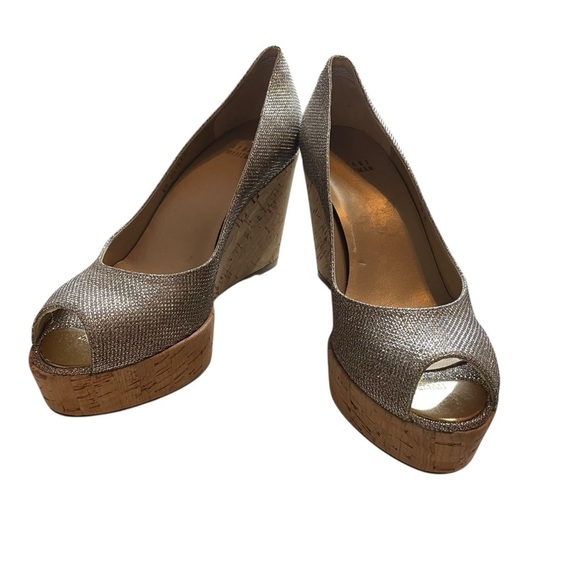 Stuart Weitzman Cork Wedge Peep Toe Glitter Heels 7.5 - Picture 13 of 13